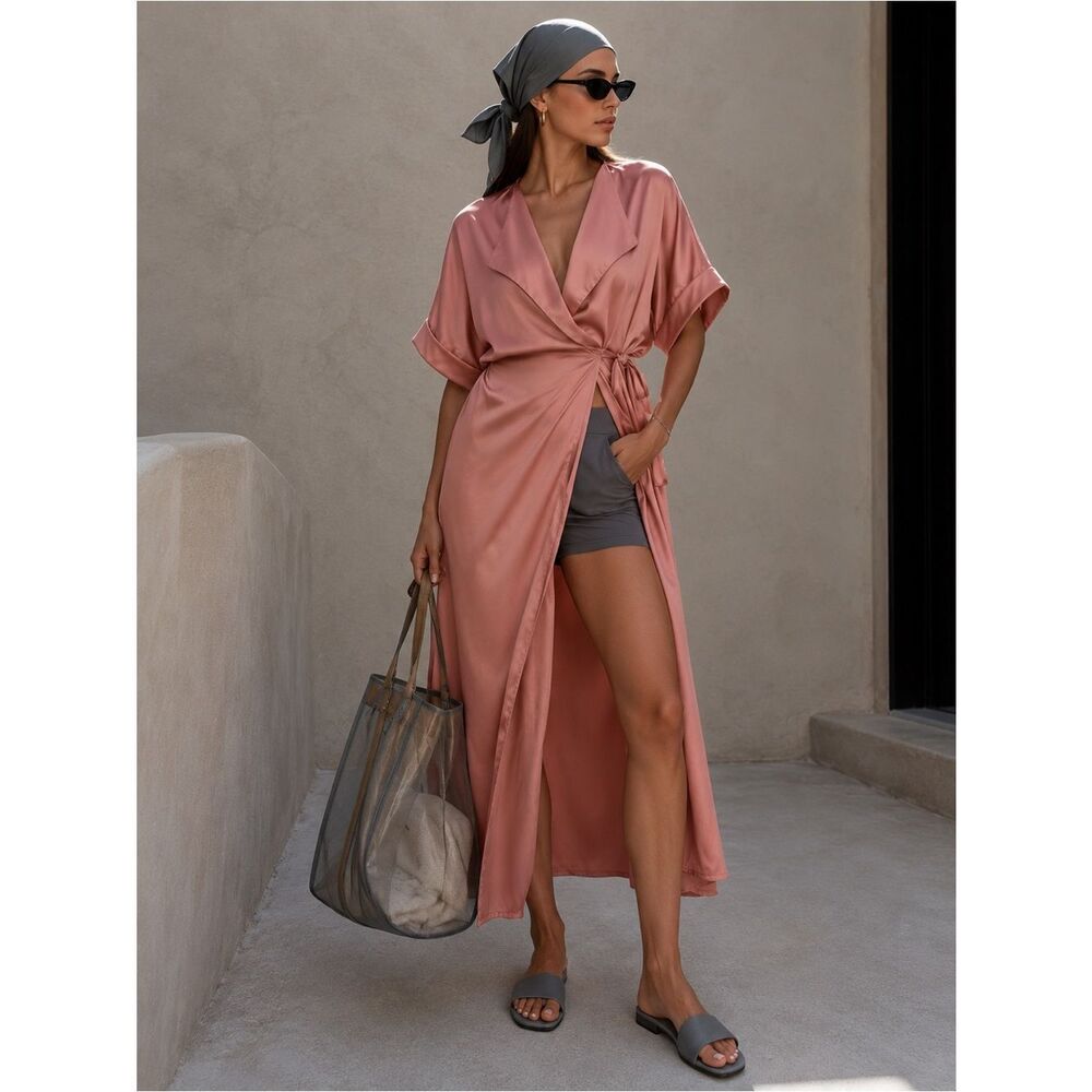 Express Satin Wrap Midi Dress in Rose Pink